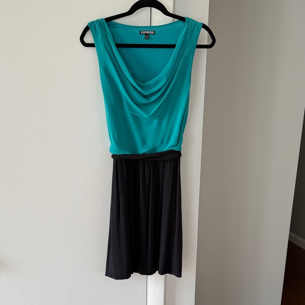 Express Teal and Black Dress with Draped Cowl Neck